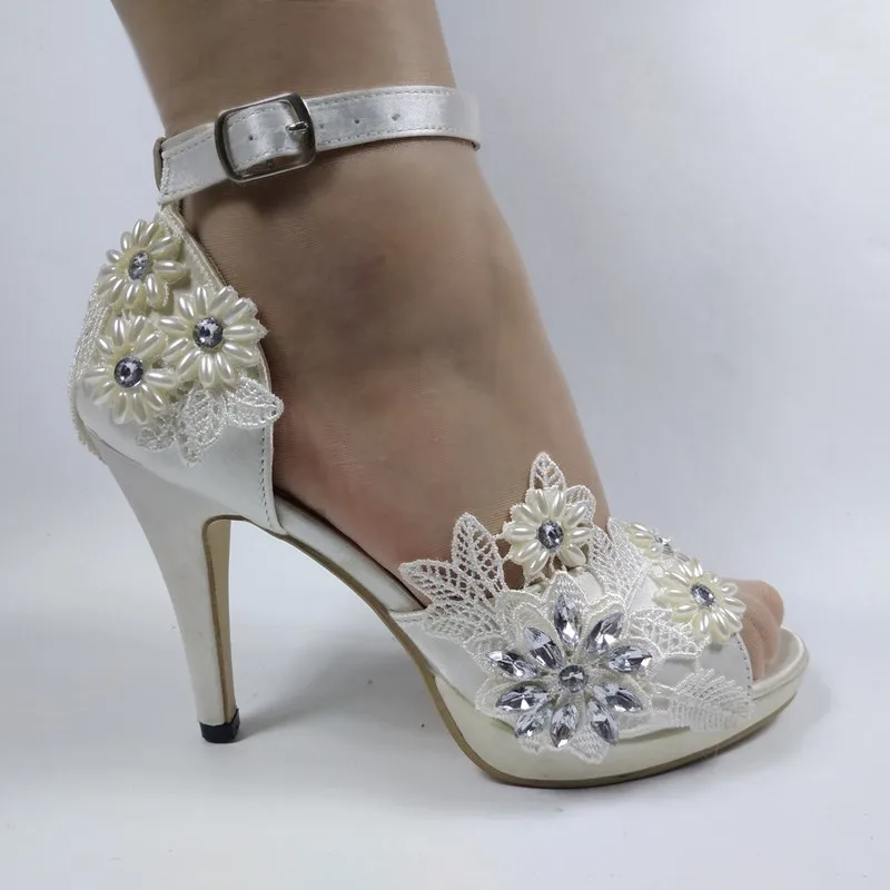 

BaoYaFang Women wedding shoes Peep Toe white lace crystal shoes Flower Ladies party shoes woman ankle strap High heel Pumps