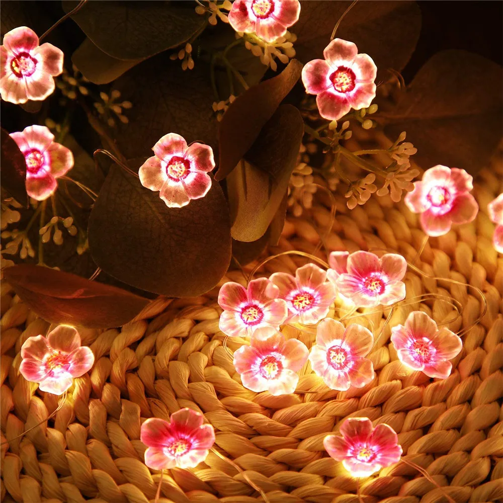 Fairy Pink Cherry Blossom String Lights 2M 20 LEDs Battery Operated Garland for Kids Girls Bedroom Wedding Christmas Decoration