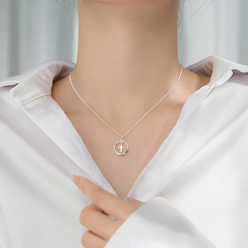 925 Sterling Silver Circle Pendant Necklaces Simple Cross Necklace Women Chain Choker Korean S925 Silver Jewelry Accessories