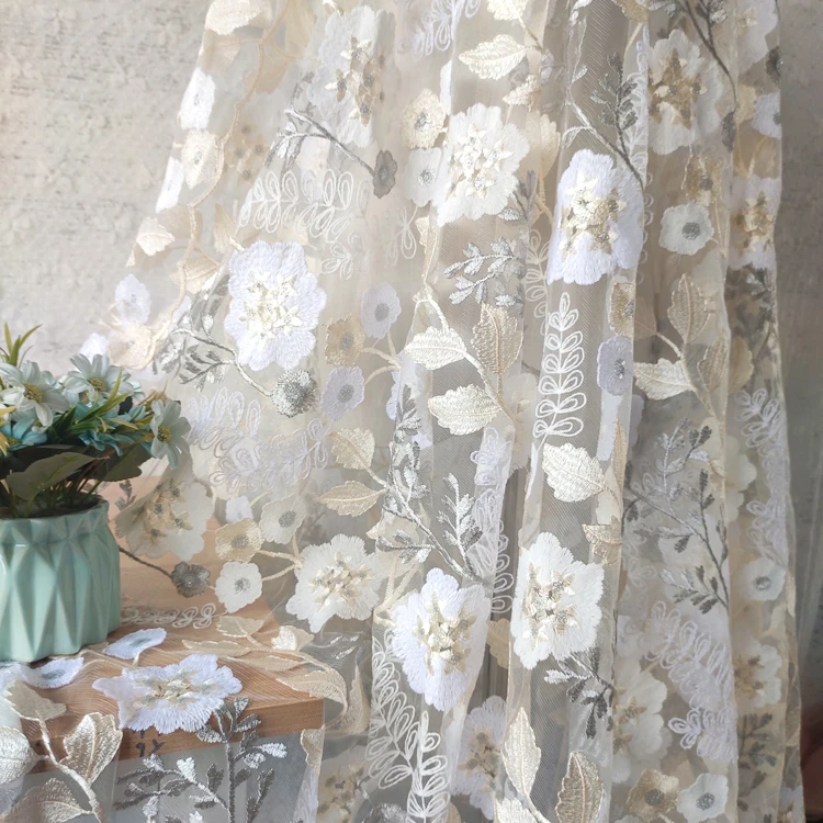 Apricot flowers leaves sequins lace fabric color mesh embroidery fabric clothing, wedding dresses, dress cloth