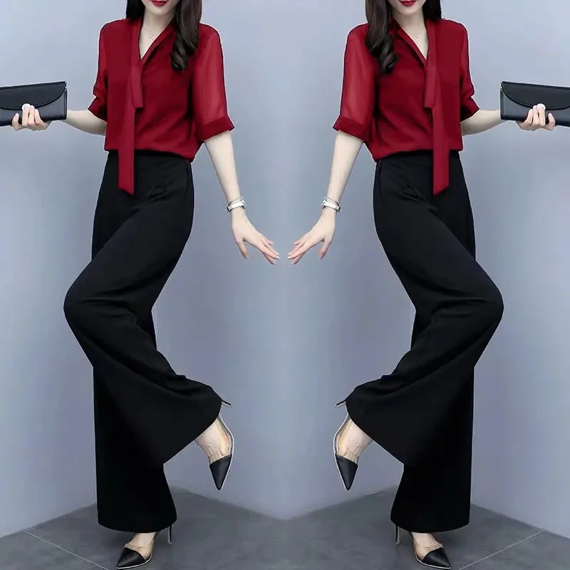 

Брючные костюмы 2026, весна-лето, широкие брюки с короткими рукавами, комплект из двух предметов, женские корейские темпераментные брюки с высокой талией, комплекты 138