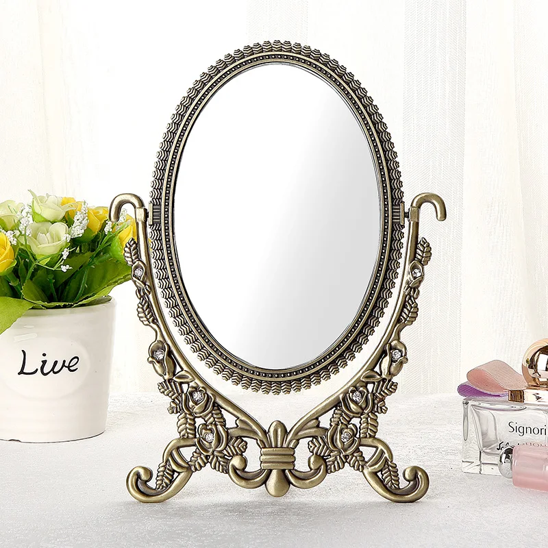 Antique Bronze Pewter Framed Tabletop Mirror With Clear Rhinestones Jeweled Embossed Rose Flower Double-sided Zinc Alloy Mirror