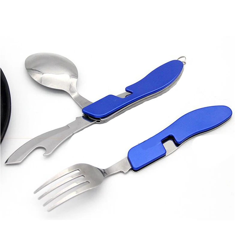 

Tablespoon Set 4 In 1 Foldable Spoon Knife fork bottle opener Stainless Steel Folding Pocket Kits Outdoor Tableware Set