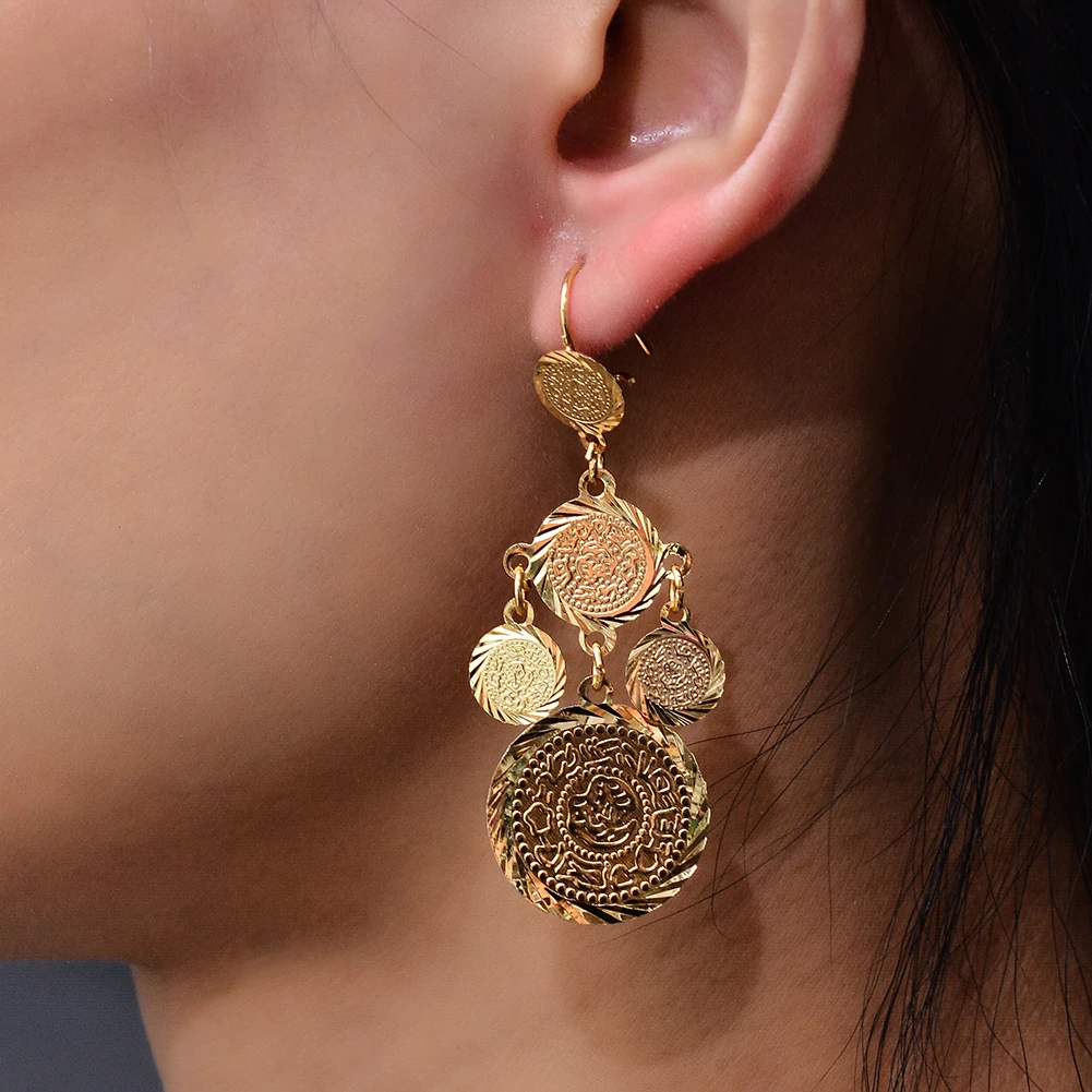 WANDO  Coin Dangle Trendy Earrings For Women Gold Color Women Fashion coins Jewelry Wholesale Round Dangle Drop Earrings