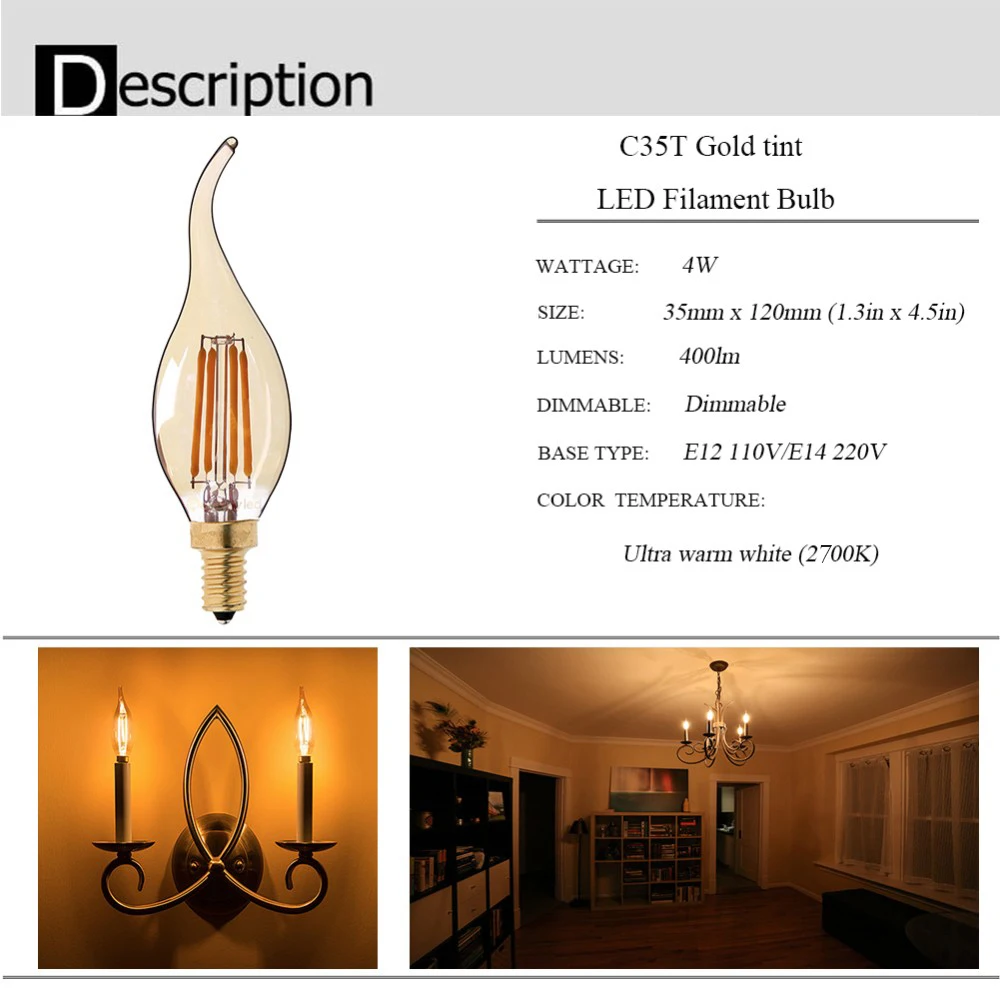 Retro Vintage Edison Glühbirnen E14 Filament LED-Lampe E27 Dimmbare LED-Birne G125 G40 G80 A19 ST64 C35T Kronleuchter Dekorative Beleuchtung – Detail 2