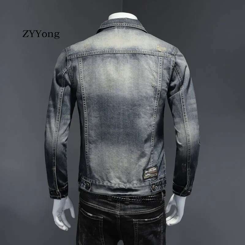 Blouson en jean bleu pour homme, col rabattu, Style européen, vêtement d'extérieur décontracté pour moto