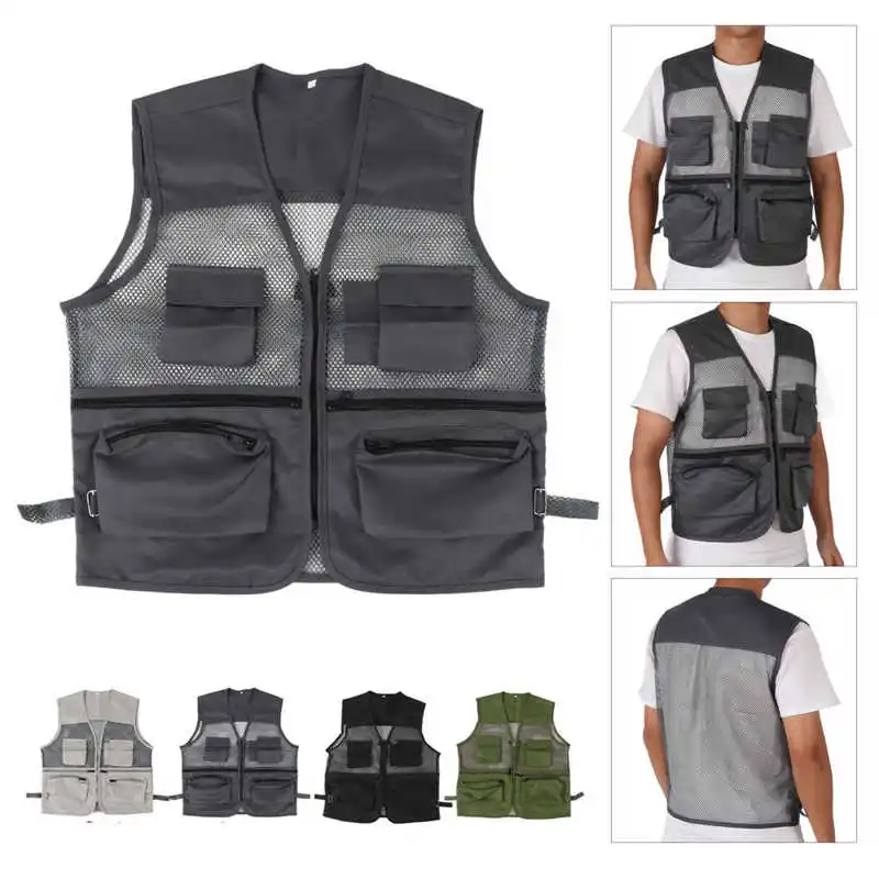 Chaleco de pesca de secado rápido, chaqueta de malla transpirable con múltiples bolsillos para fotografía y senderismo