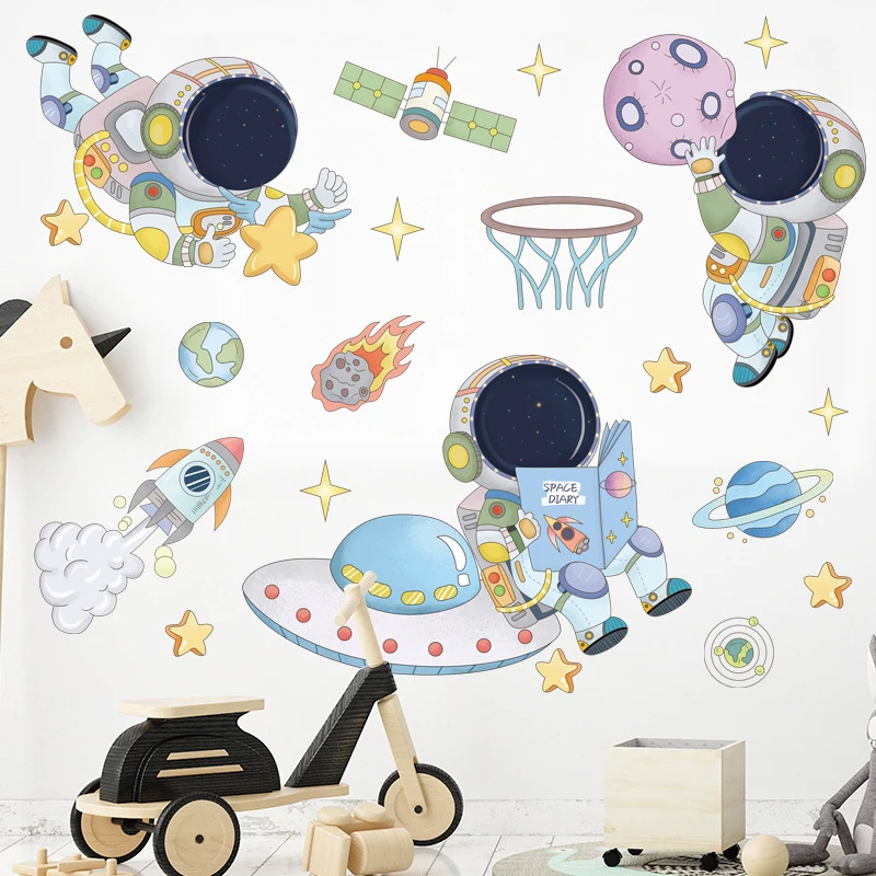 Astronauta kosmiczny naklejki ścienne dla dzieci pokój na ścianę do przedszkola dekoracje wymienny Vinyl PVC kreskówka ścienna naklejki Home Decor