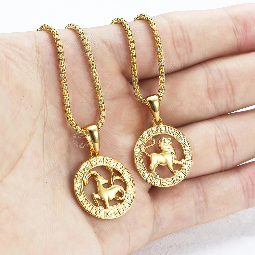 Hot Sale 12 Constellations Zodiac Sign Gold Color Pendant Necklace for Women Men Aries Leo 12 Horoscope Box Chain Drop Shipping