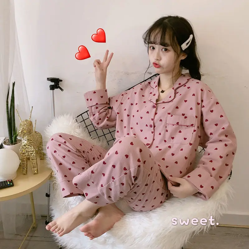 Pajama Sets Spring Autumn Basic Soft Kawaii Print Ulzzang Fashion Ladies Sleepwear College Oversize Popular Femme Homewear Chic