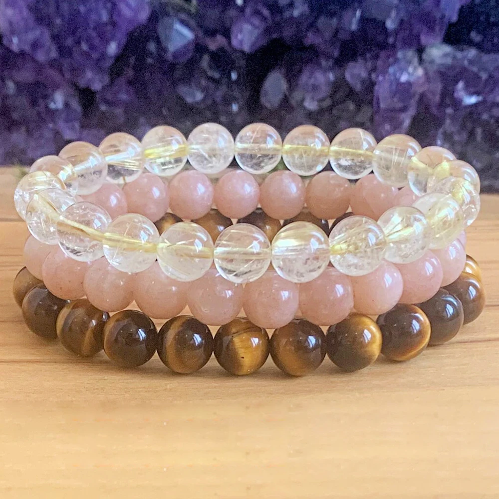 MG1246 Golden Rutilated Quartz Bracelet Solar Plexus Chakra Gemstone Stack Bracelet Natural AA Grade Sunstone Tiger Eye Bracelet