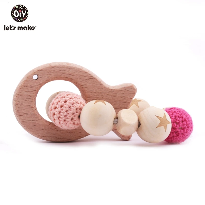 Let's Make 1pc Wooden Teether Montessori Baby Toys Crochet Beads Teething Bird DIY Teether Round Beads Baby Rattle Teether