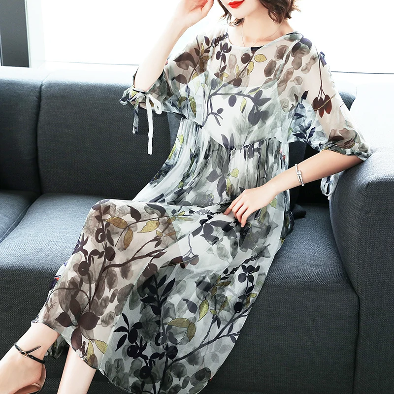 

Summer Beach Dress Women Silk Long Party Dress Print Floral Dresses Elegant Ladies Office Wear Vestidos Verano LWL1546