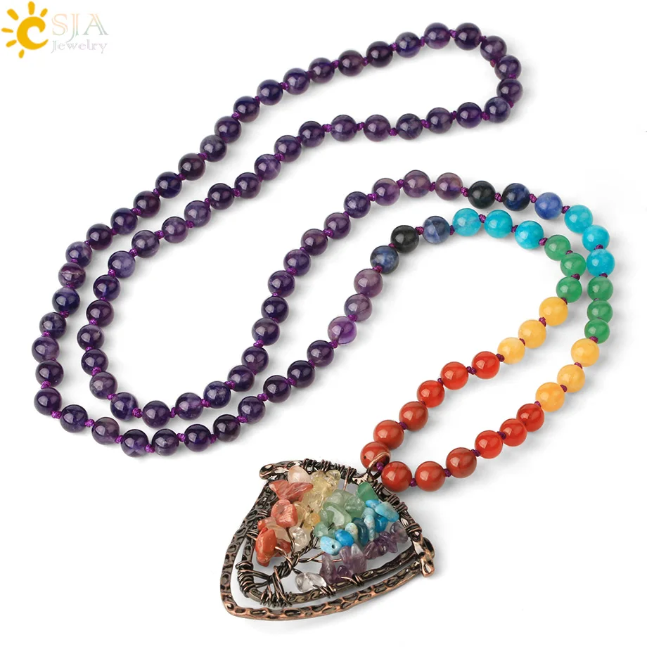 CSJA 108 Mala Bead Long Necklaces 7 Chakra Natural Stone Knotted Sweater Chain Life Tree Shield Pendants for Female Jewelry G451