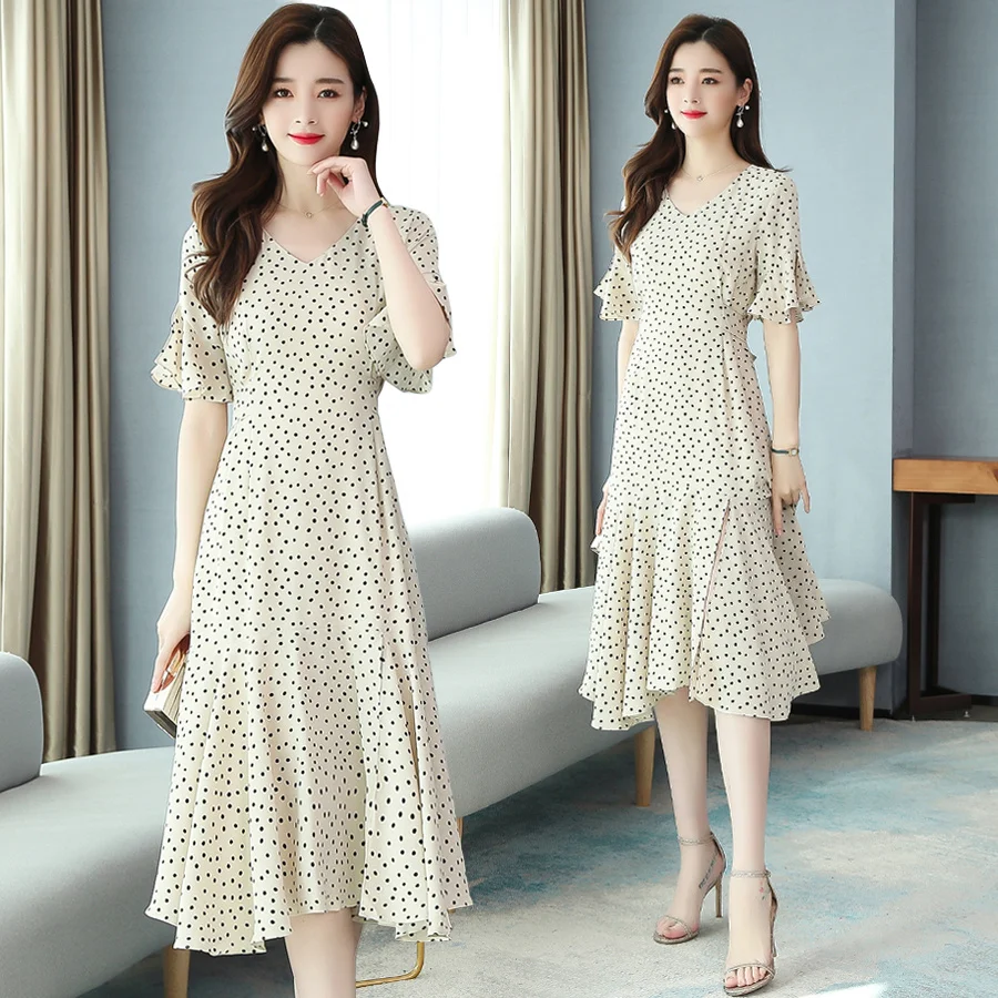 2022 Vintage VOAN Midi Sundress Xuân Hè Mới Chấm Bi In Hình Đường Băng Gợi Cảm Chia Đầm Nữ Ôm Body Dự Tiệc Maxi Vestidos