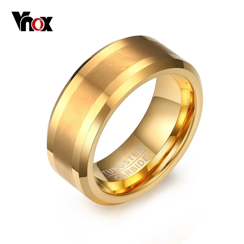 Vnox Real Tungsten Rings for Men Jewelry Gold Color Male Wedding Gift US Size 7 8 9 10 11 12