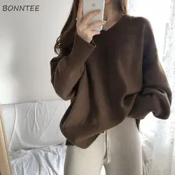 Sweater Pullovers Women Spring New Chic Solid V-neck All-match Loose Simple Female Fashion Vintage Elegant Clothing Leisure Soft