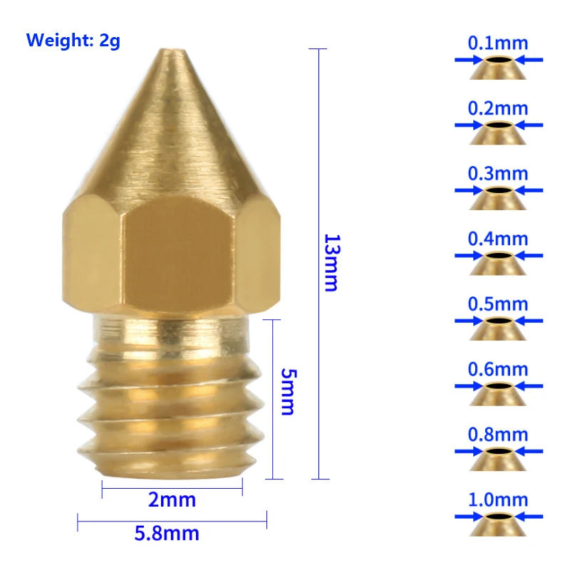 MK8 Brass Nozzle 0.1MM 0.2MM 0.3MM 0.4MM 0.5MM 0.6MM 0.8MM 1.0MM Extruder Print Head Nozzle Suitable For 1.75MM 3.0MM 3D Printer