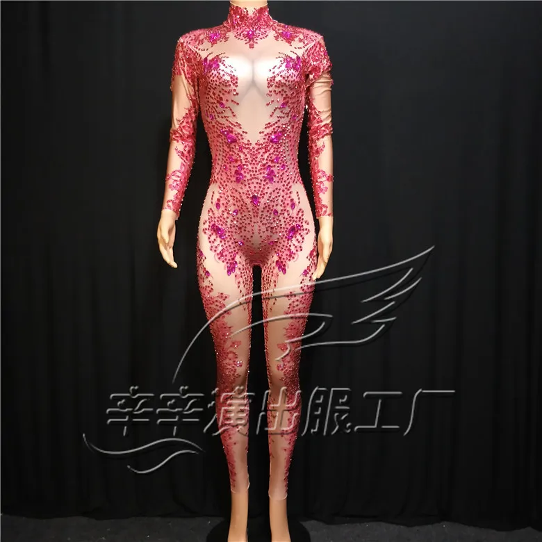 

Women New Rose Shiny Rhinestone Sexy Jumpsuit Fashion Stretch Shining Dance Costume One-piece Nightclub Outfit Party Leggings