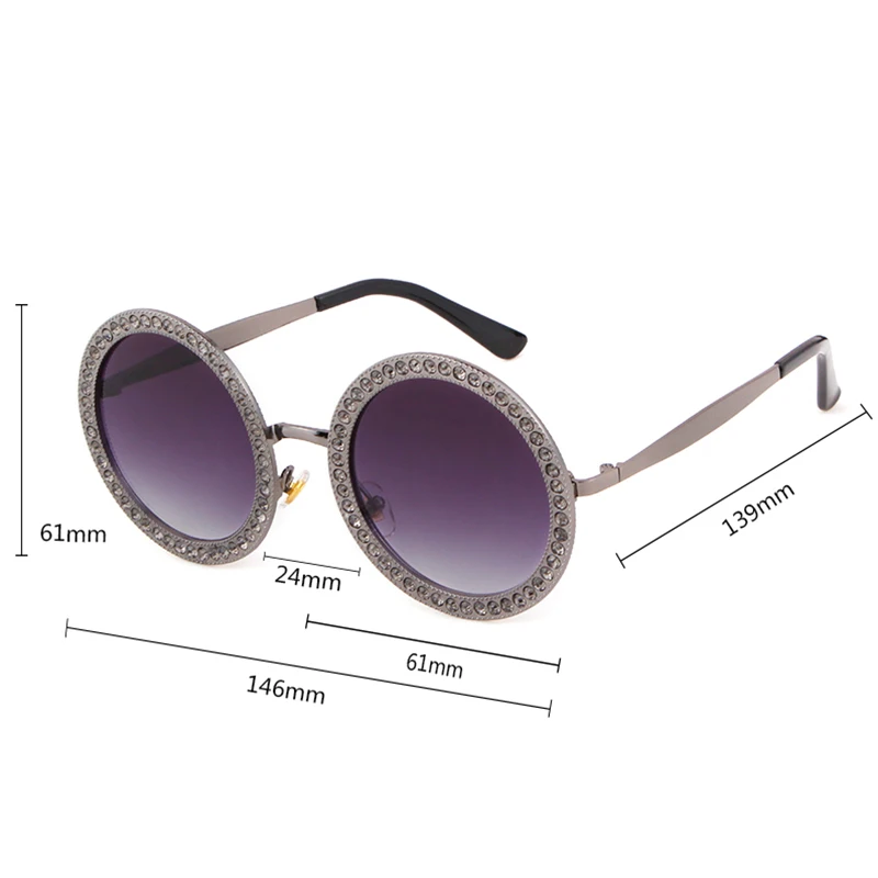 Vintage Diamond Round Sunglasses Women Luxury Brand Gradient Lens Rhinestone Circle Shade Metal Exquisite Sun Glasses For Female