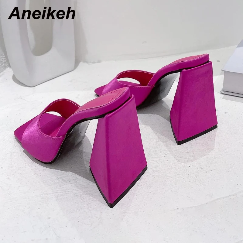 Aneikeh Women\'s Shoes Silky Wide Band Triangle High Transparent High Heel Comfortable Mules Concise Slip-On Outdoor Slippers 41