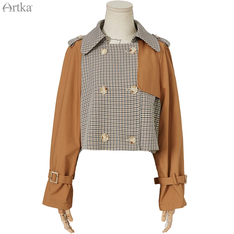 ARTKA 2020 Autumn New Women Jackets Fashion Retro Plaid Patchwork Double-breasted Jacket Coat Loose Short Trench Coat WA25004Q