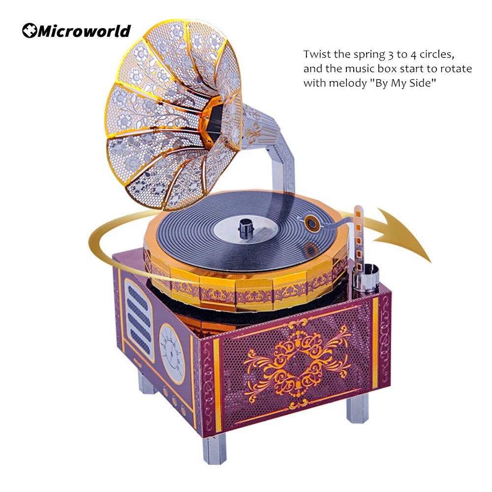 Microworld 3D Metal Puzzle Gifts Retro Gramophone Theme Rotating Music Box Model DIY Jigsaw Toys Desktop Decoration For Adult