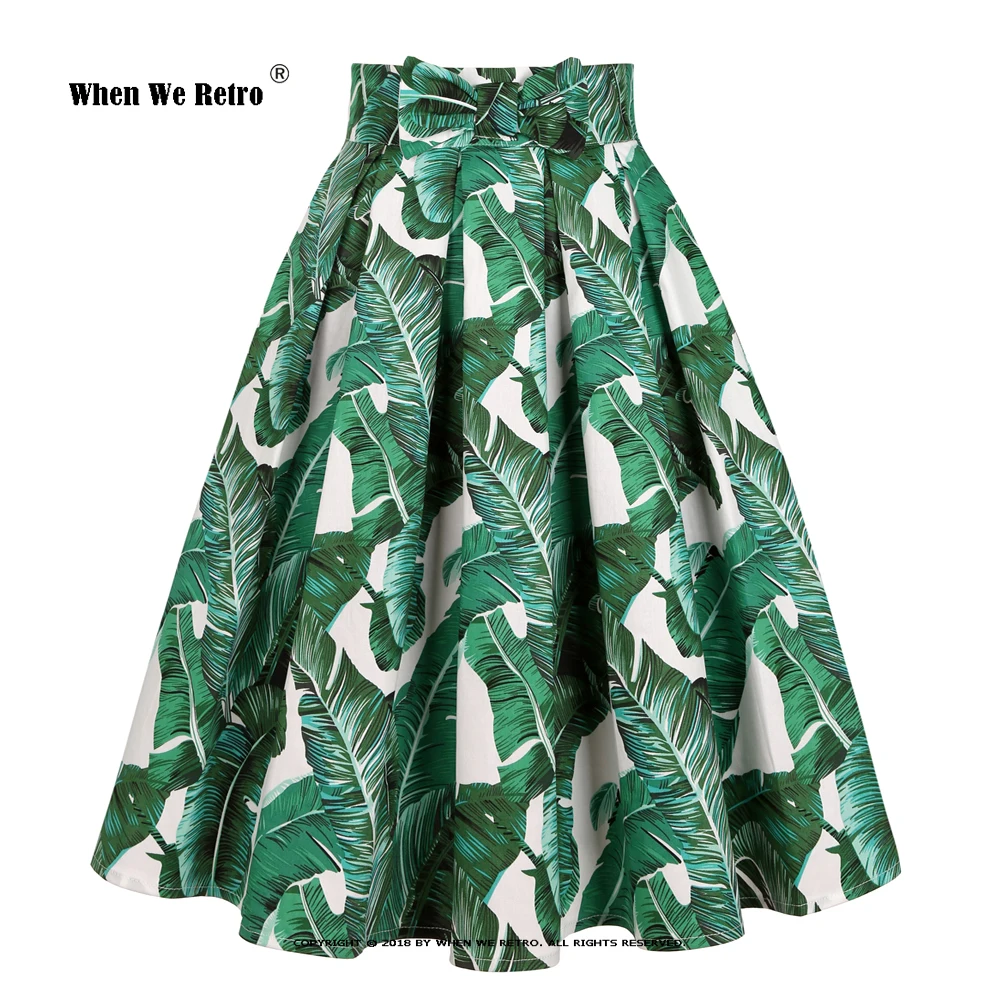 2022 Leaves Printed 50s 60s Comfortable Cotton Vintage Skirts SS0012 Pleated Skirt with Bow on Waist