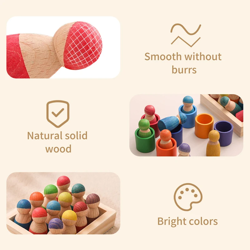 Montessori Toys 12 Colors/Set Wooden Rainbow Building Block Villain Doll DIY Creative Stacking Balance Game Toy For Kids Gift