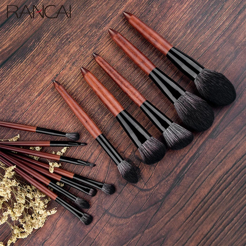 RANCAI 12pcs High Quality Makeup Brushes Set Foundation Powder Blush Eyeshadow Sponge Brush Soft Wool Fiber Hair Cosmetic Tools