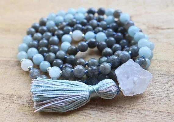 Labradorite Mala Beads 108, Aquamarine Mala Necklace, Knotted Mala, Tassel Necklace, Yoga  Necklace