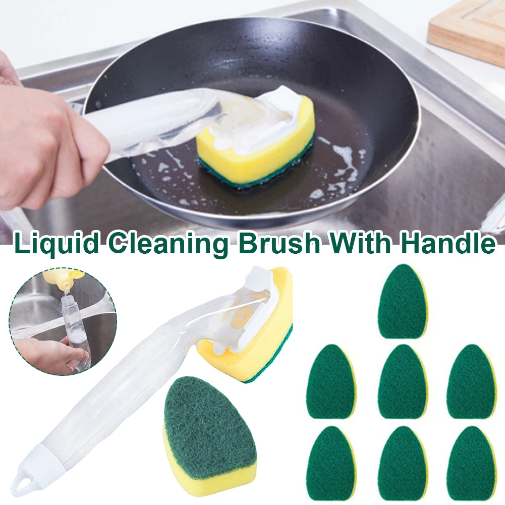 Soap Dispensing Dish Cleaning Brush Set with 1 Dish Washing Handle 9 Sponge Replacement Head Kitchen Sink Scrubber Cleaning Tool