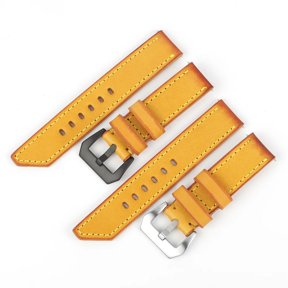 Vintage Real Cow Leather Yellow Watchband 20mm 22mm 24mm 26mm Handmade Watch Straps Replacement Men Wist Bracelet for Panerai