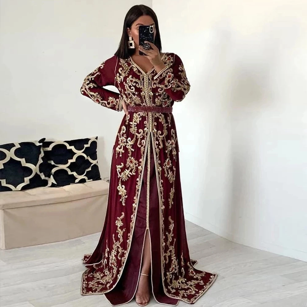 Burgundy Moroccan Kaftan Caftan Muslim Evening Dresses A-line Long Sleeves Appliques Dubai Arabic Abaya Islamic Gown Customized