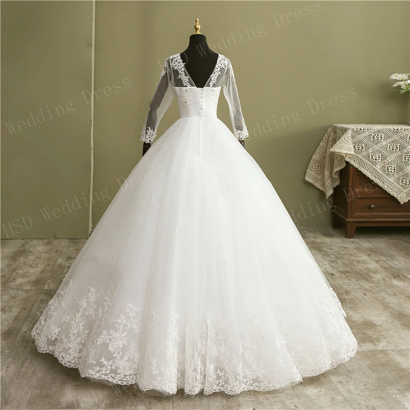 свадебное платье Bridal Ball Gown V Neck Wedding Dress Customized Vestido De Novia Princesa Lace Vintage Long Sleeve Real Image