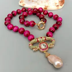 KKGEM  Natural 12mm Smooth Round Fuchsia Tiger Eye Necklace Cubic Zirconia Pave Pink Keshi Pearl Pendant 18