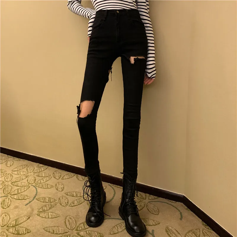 2022 Sexy High Waist Ripped Holes Denim Pants Female Trousers Pencil Jeans Women plus szie 5xl Skinny Pants Black Jeans KZ245