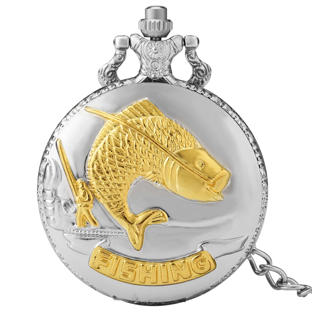 Luxury Fishing Design Quartz Pocket Watch Fob Gold Fish Pendant Clock Full Hunter 30cm Rough Chain Pocket Gifts for Mens reloj