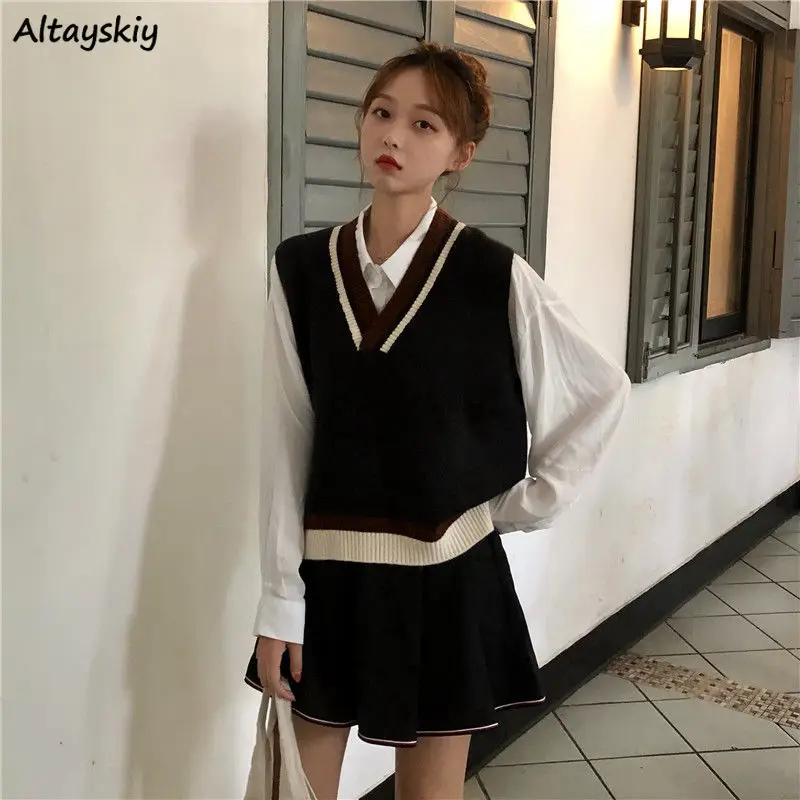 

Sweater Vest Women Fashion Patchwork Knit Spring Autumn College V-neck Ulzzang Loose Student All-match Cute Lovely Sleeveless