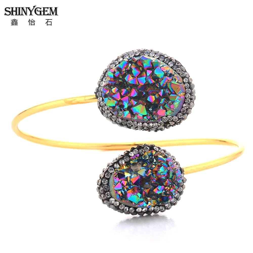 

ShinyGem Asymmetric Natural Crystal Druzy Bracelet Adjustable Open Gold Plating Smooth Cuff Geode Gem Stone Bangles For Women