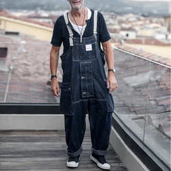 Denim Bib Siamese Overalls Jeans Mens Cargo Work Pant Functional Multiple Pockets Pants Coveralls Men Loose Dark Blue Trousers