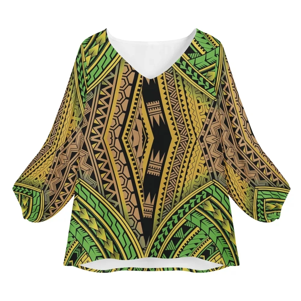 HYCOOL Green Polynesian Tribal V Neck Top Women Chiffon Long Sleeve Blouses For Women Fashion 2022 Summer Blouses Women Casual