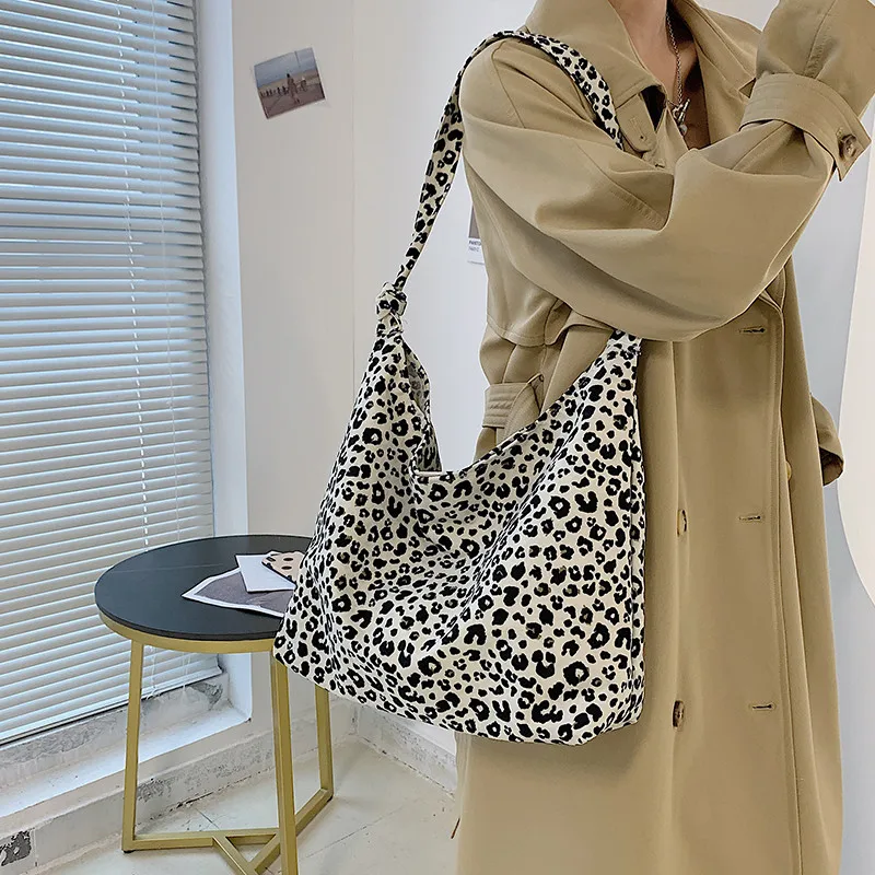 New Summer Canvas Shoulder Shopping Bags Women Leopard Underarm Handbags Large Capacity Korean Chic OL  Street Fashion