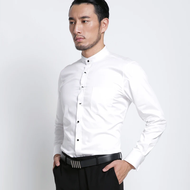 Men\'s Banded Collar Long Sleeve Solid Dress Shirts Single Patch Pocket Standard-fit Formal Business Casual Blouse Cotton Shirt