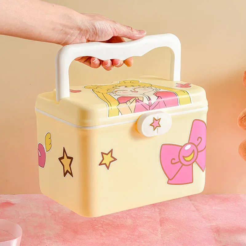 2 Layer Cute Storage Box Medical First Aid Kit for Child Family Emergency Kit Box Plastic Dispensing Box with Handle