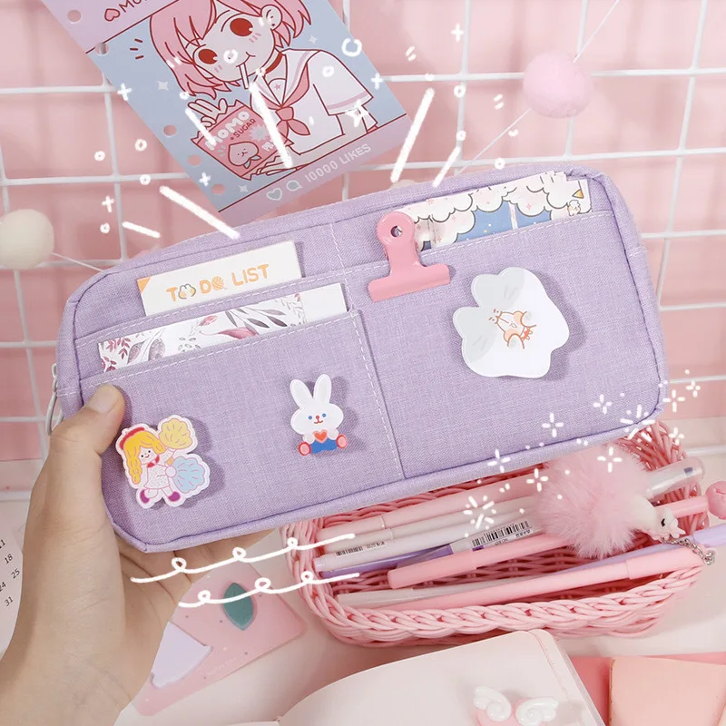 kawaii Large Pencil Case Stationery Storage Bags Canvas Pencil Bag Cute Makeup Bag School Supplies for Girl Kids Gift w/ Badge