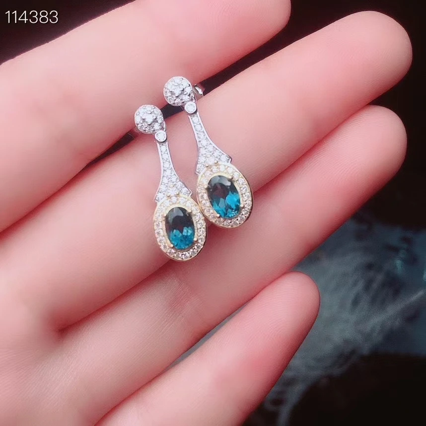 Jewelry 925 sterling silver natural blue topaz gemstone girl earrings micro-set luxury fashion new faceted ellipse can be review