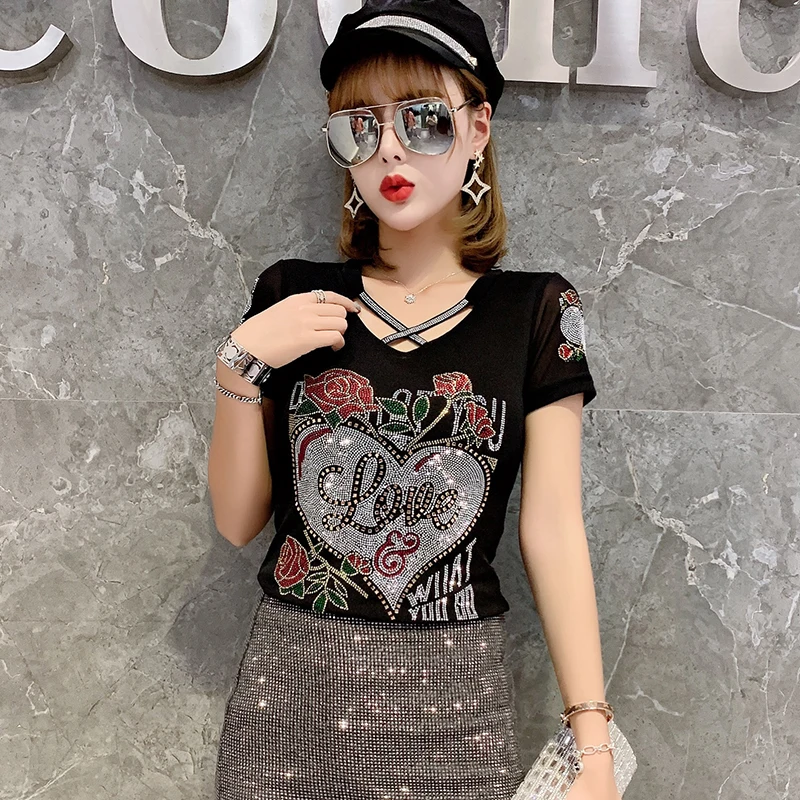 2024 Zomer Mode Koreaanse T-Shirt Kleding Sexy Uitgehold Ingelegde Diamanten Letter Rose Vrouwen Tops Ropa Mujer Patchwork Mesh T-Shirts