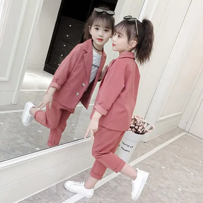 Girls Suits Coat + Pants 2pcs Kids Cotton 2023 Casual Spring Autumn High Quality Formal Sport Teenagers Children Sets Outfits 