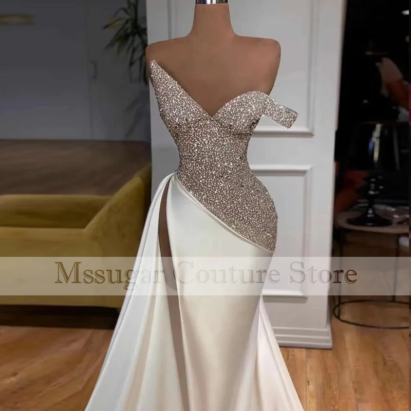 2121 Crystals Mermaid Prom Dresses One-shoulder Beading Satin Prom Gowns Custom Made Robes De Soirée